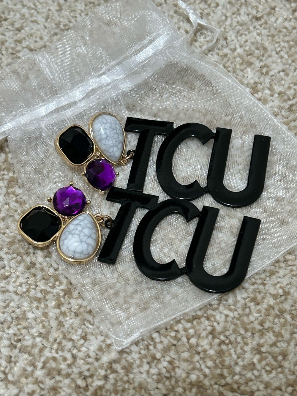 NEW TCU Logo Drop Earrings with Purple, Black and White Stones gameday football
